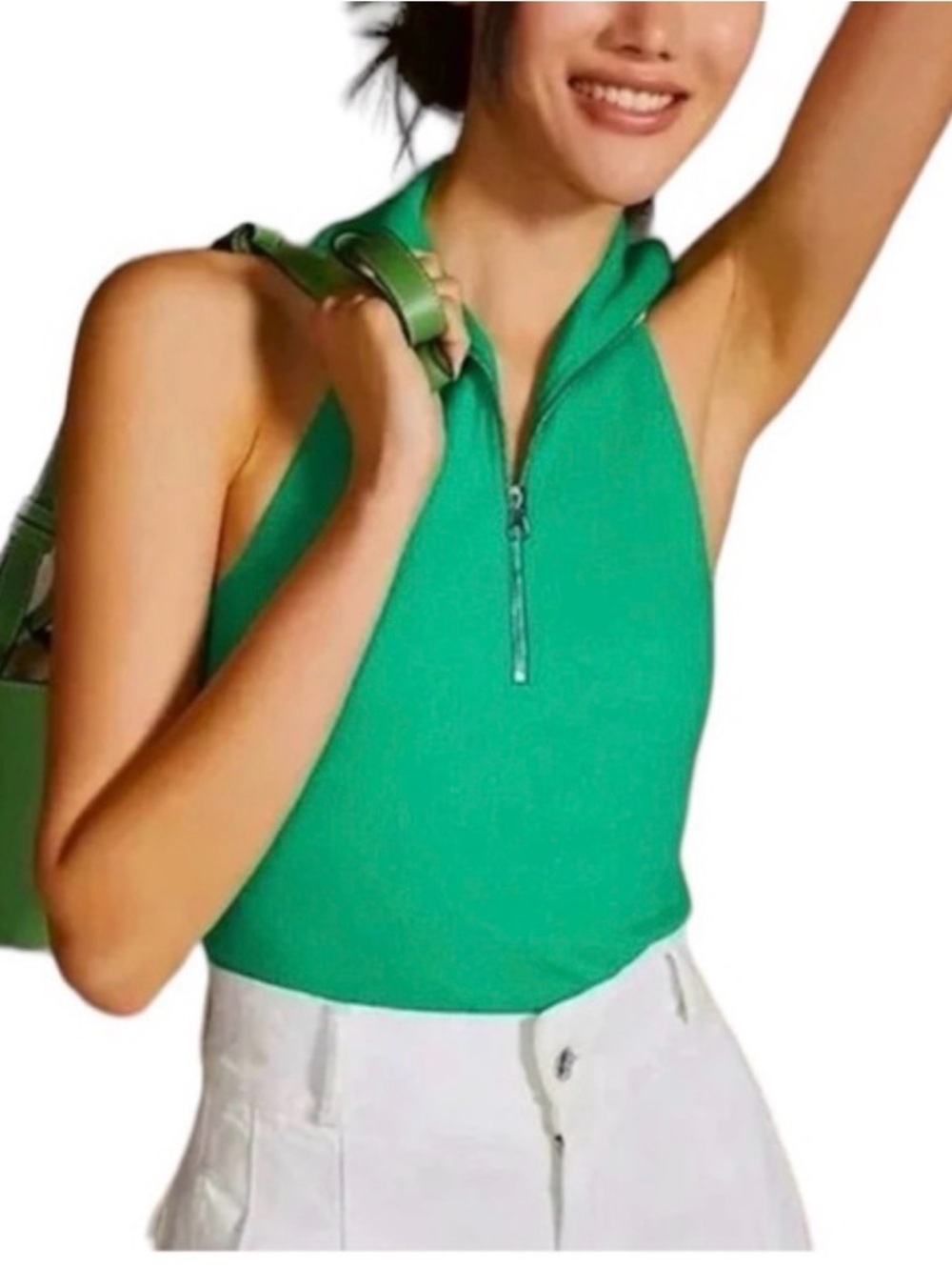 NEW Anthropologie S Maeve Quarter-Zip Halter Top Green NWT Tank  Shelf Bra
